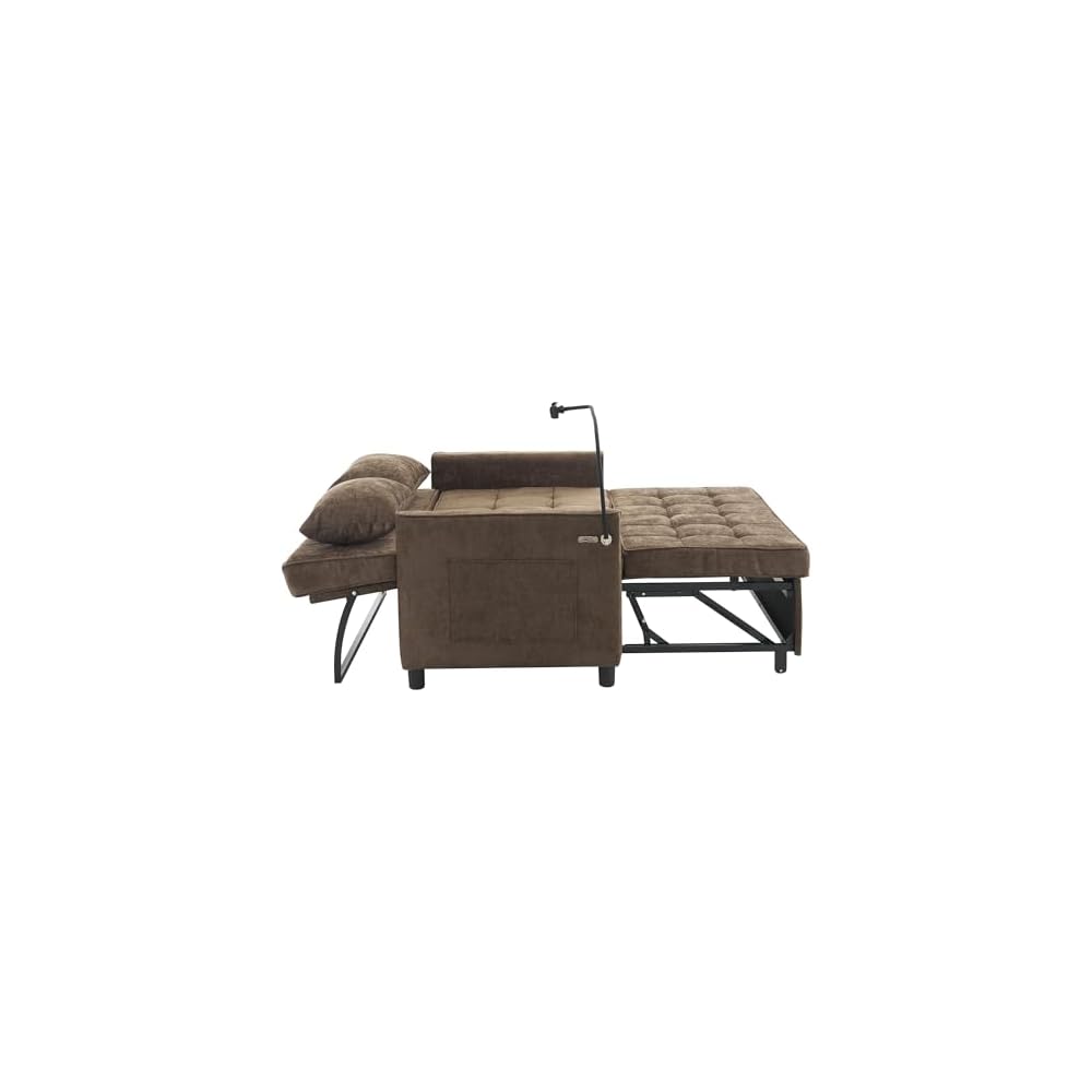56.9" Pull Out Sofa Bed with USB Ports, 3 in 1 Convertible Sleeper Sofa Bed with Adjustable Backrest & Phone Holder, Chenille Loveseat Pullout Futon Couch for Living Room, Bedroom,RV (Brown)