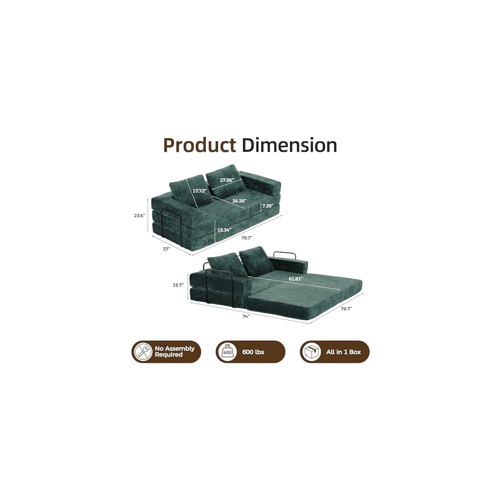 Convertible Sofa Bed, 4-in-1 DIY Combination Modular Couch with Pillows, Comfy Boneless Sleeper Sofa Bed with Fixed-Shape Frame, Chenille Convertible Lounge Couch for Living Room, Green