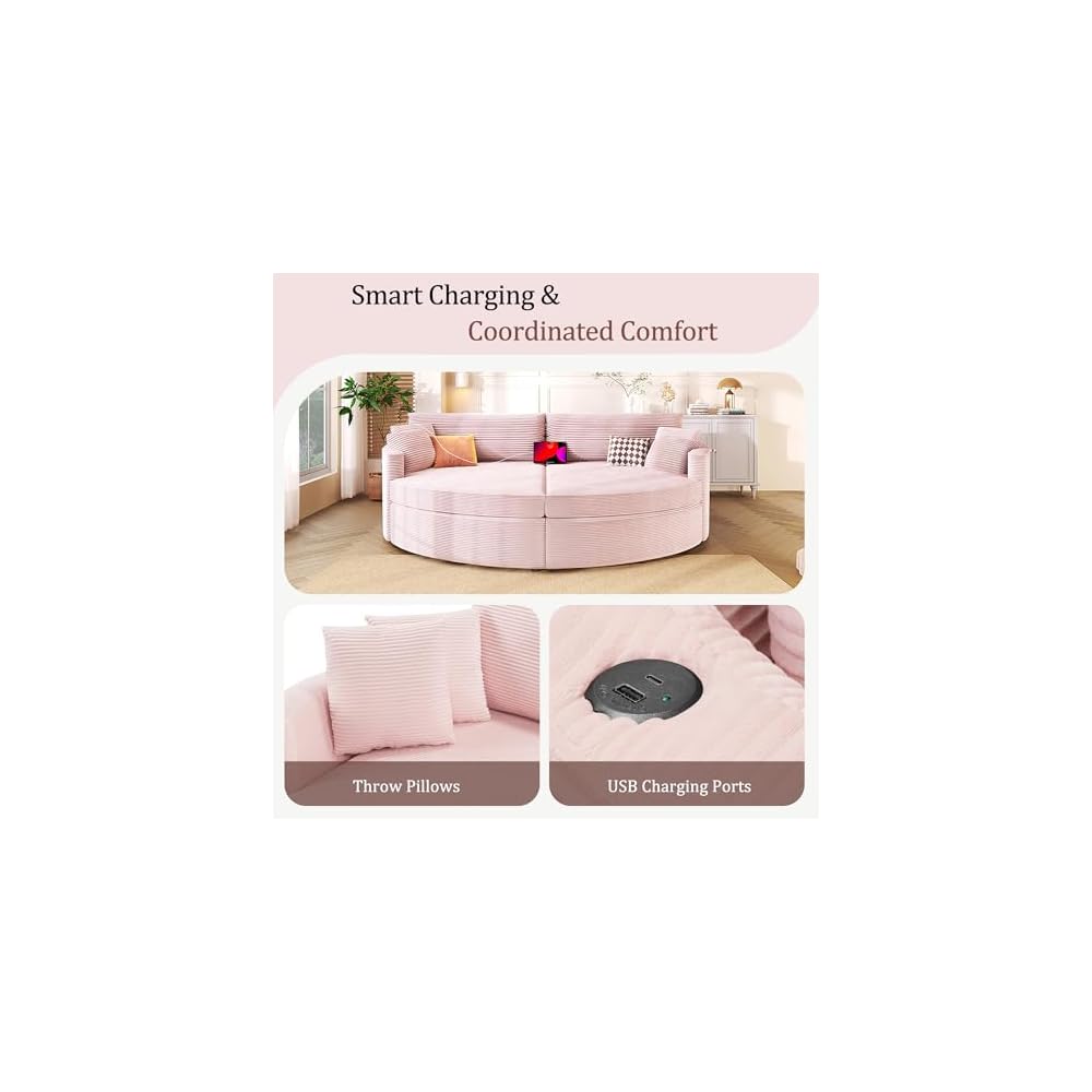 Merax 102.3" Oversized Double Chaise Lounge Indoor, Comfy Corduroy Upholstered Loveseat Sleeper Sofa Bed, Deep Seat Cloud Couch with USB Ports and Throw Pillows for Living Room, Pink