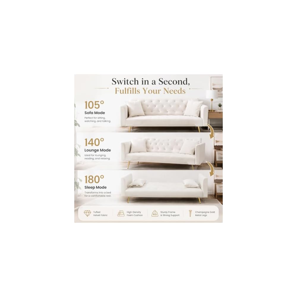 71" Velvet Sofa Bed, Convertible Sleeper Couch with Adjustable Backrest