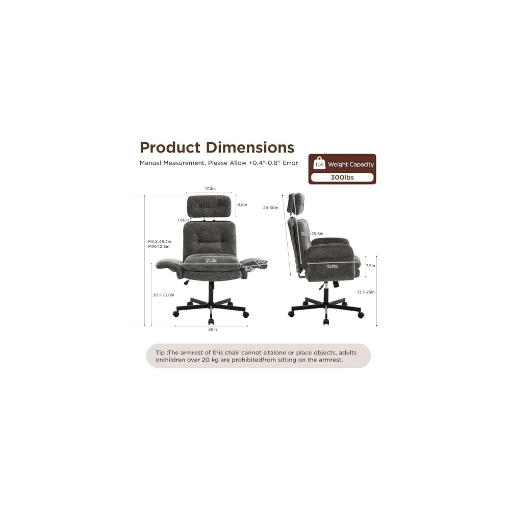 FiveWillowise Cross Legged Office Chair with Flip-up Arms&Hight Back,Grey
