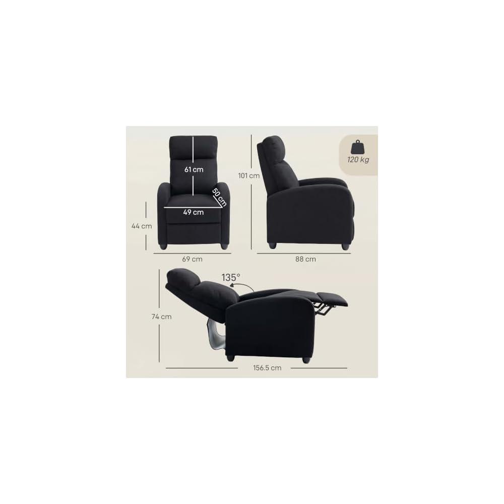 HOMCOM Manual Reclining Relax Armchair with Footrest, Reclining Armchair Upholstered in Linen and Steel Effect Fabric for Bedroom, Living Room and Living Room, Black