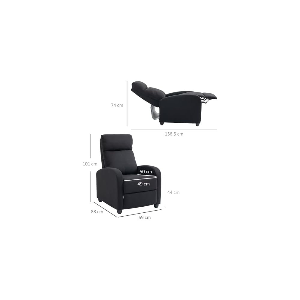 HOMCOM Manual Reclining Relax Armchair with Footrest, Reclining Armchair Upholstered in Linen and Steel Effect Fabric for Bedroom, Living Room and Living Room, Black