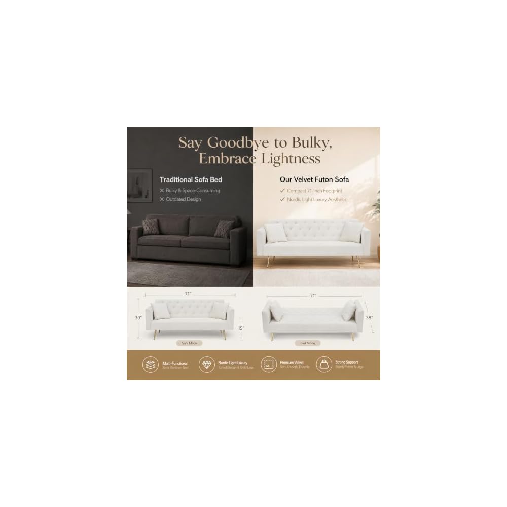71" Velvet Sofa Bed, Convertible Sleeper Couch with Adjustable Backrest