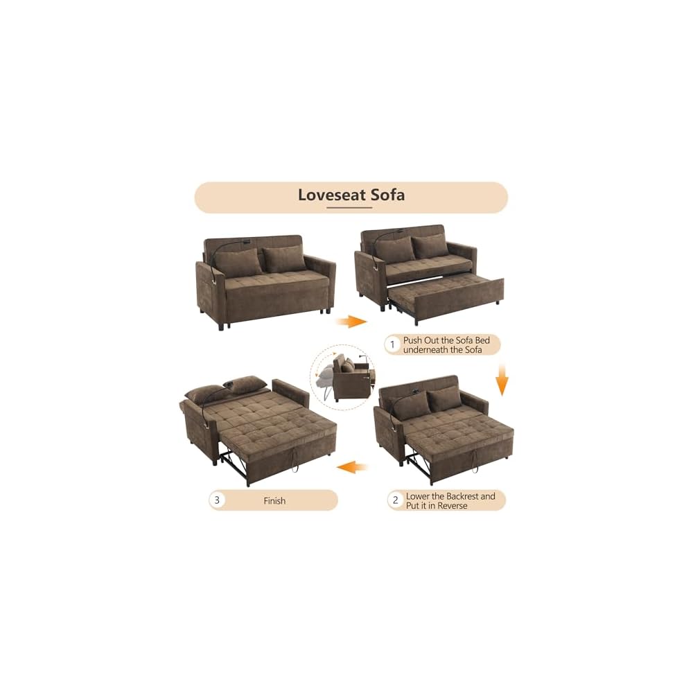 56.9" Pull Out Sofa Bed with USB Ports, 3 in 1 Convertible Sleeper Sofa Bed with Adjustable Backrest & Phone Holder, Chenille Loveseat Pullout Futon Couch for Living Room, Bedroom,RV (Brown)