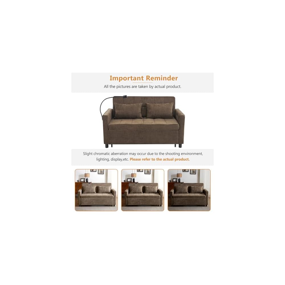 56.9" Pull Out Sofa Bed with USB Ports, 3 in 1 Convertible Sleeper Sofa Bed with Adjustable Backrest & Phone Holder, Chenille Loveseat Pullout Futon Couch for Living Room, Bedroom,RV (Brown)