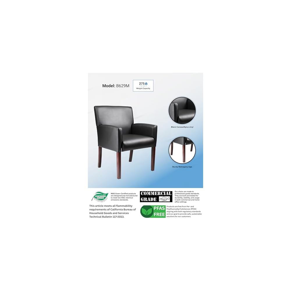 Boss Office Products Reception Box Arm Chair with Mahogany Finish in Black (B629M)