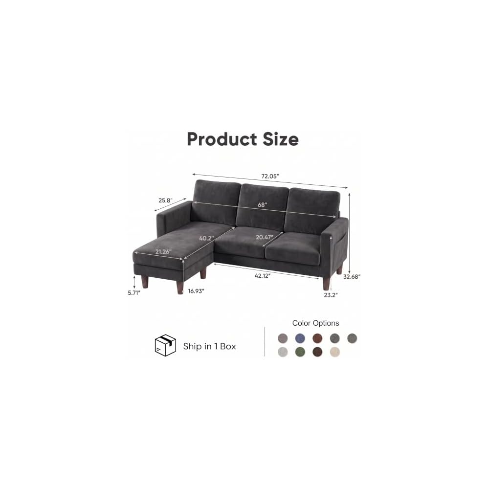 Homall 72" L Shaped Sofa Couches for Small Spaces, Apartment Charcoal Gray