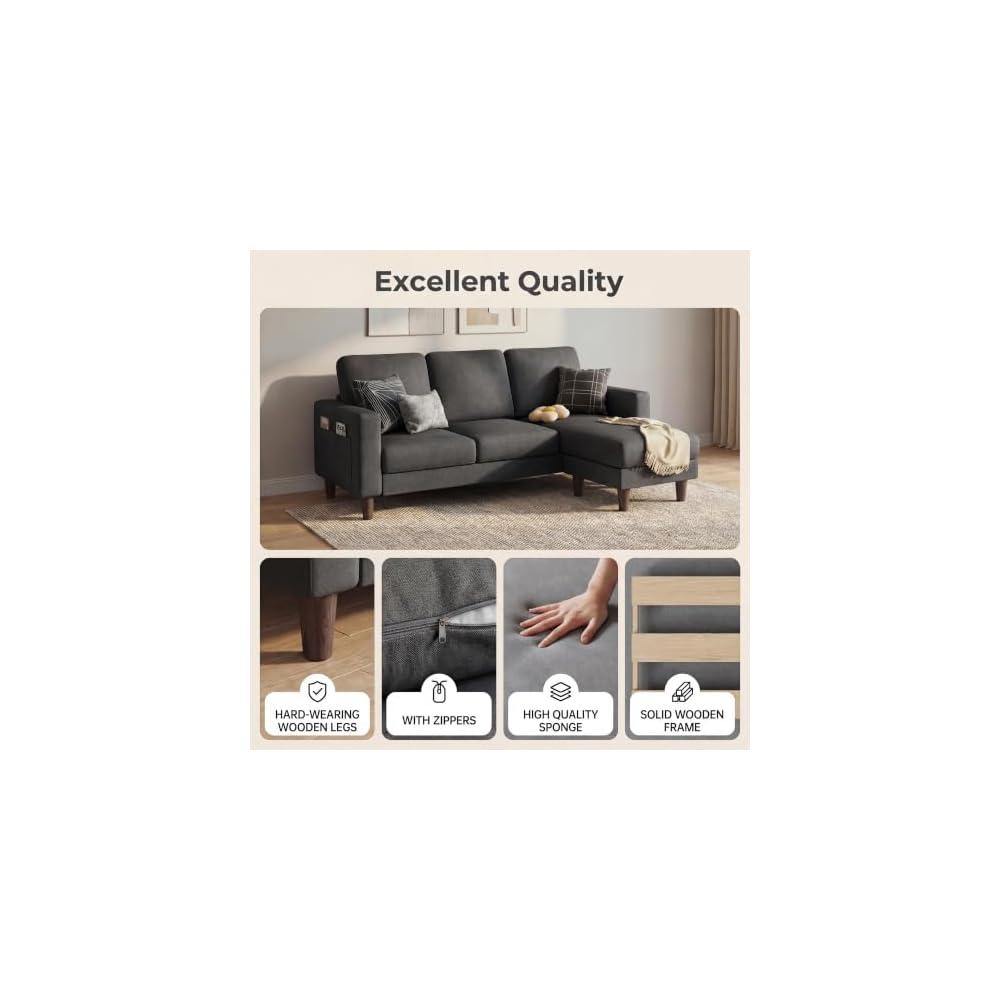 Homall 72" L Shaped Sofa Couches for Small Spaces, Apartment Charcoal Gray