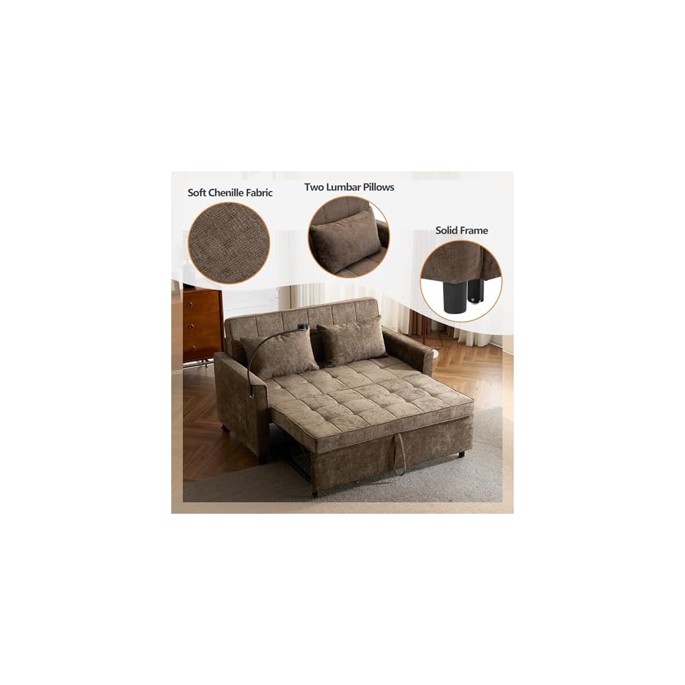 56.9" Pull Out Sofa Bed with USB Ports, 3 in 1 Convertible Sleeper Sofa Bed with Adjustable Backrest & Phone Holder, Chenille Loveseat Pullout Futon Couch for Living Room, Bedroom,RV (Brown)