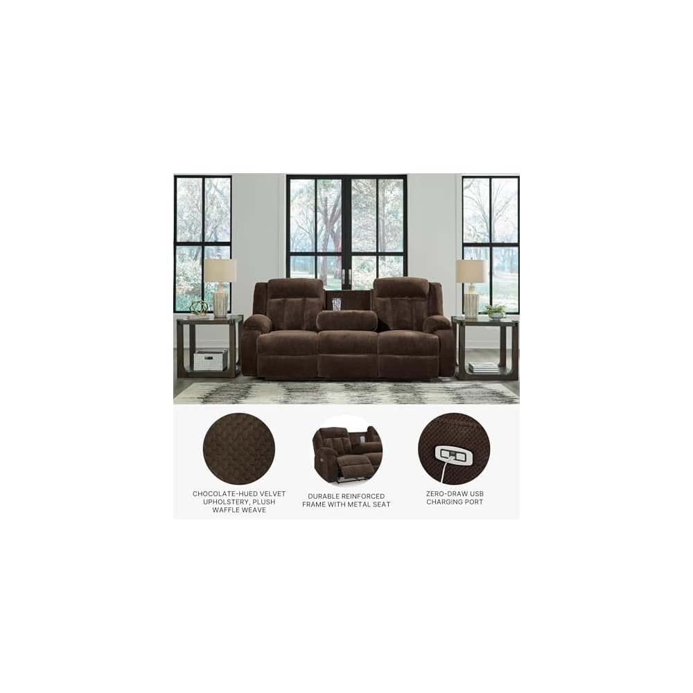 Signature Design by Ashley Free Wake Contemporary Dual Sided Power Reclining Sofa with Drop Down Table and USB Ports, Dark Brown