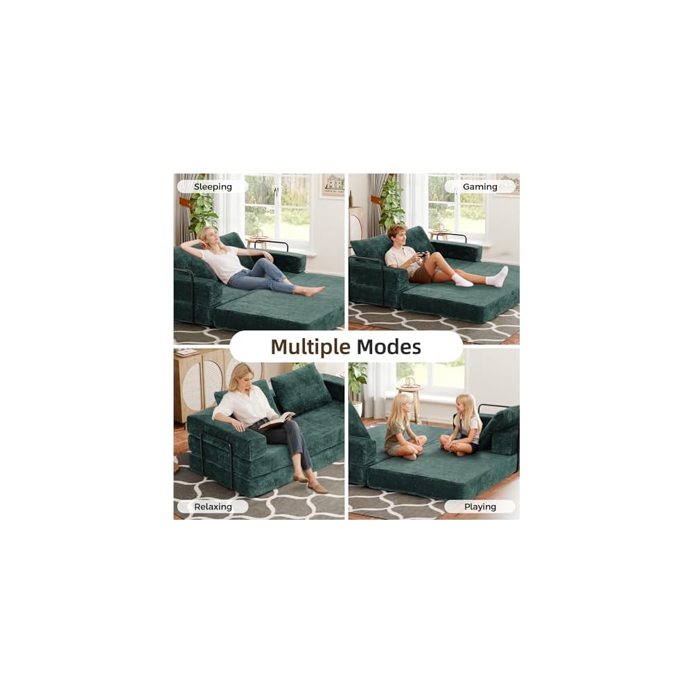 Convertible Sofa Bed, 4-in-1 DIY Combination Modular Couch with Pillows, Comfy Boneless Sleeper Sofa Bed with Fixed-Shape Frame, Chenille Convertible Lounge Couch for Living Room, Green