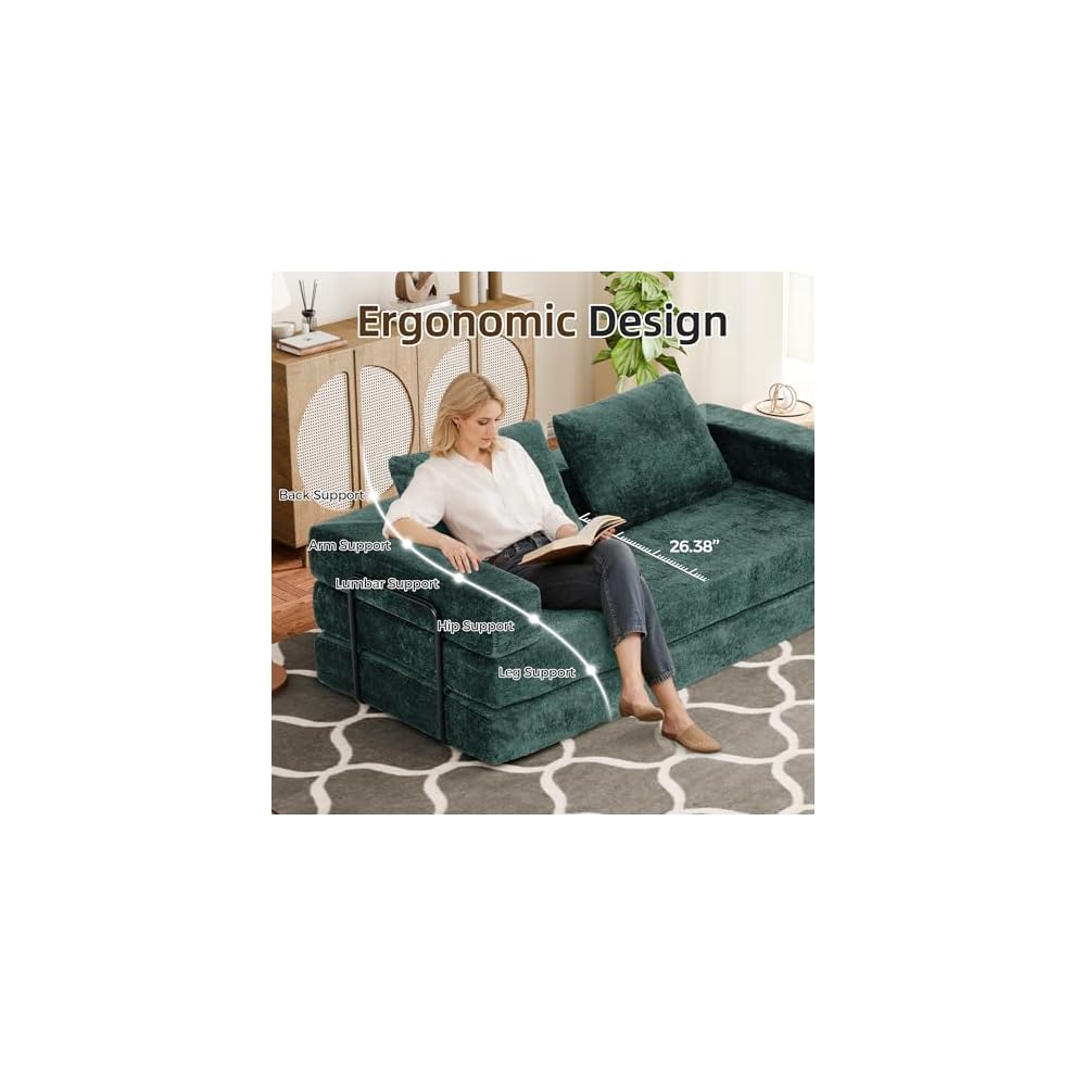 Convertible Sofa Bed, 4-in-1 DIY Combination Modular Couch with Pillows, Comfy Boneless Sleeper Sofa Bed with Fixed-Shape Frame, Chenille Convertible Lounge Couch for Living Room, Green