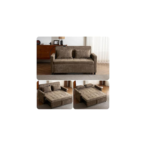 56.9" Pull Out Sofa Bed with USB Ports, 3 in 1 Convertible Sleeper Sofa Bed with Adjustable Backrest & Phone Holder, Chenille Loveseat Pullout Futon Couch for Living Room, Bedroom,RV (Brown)