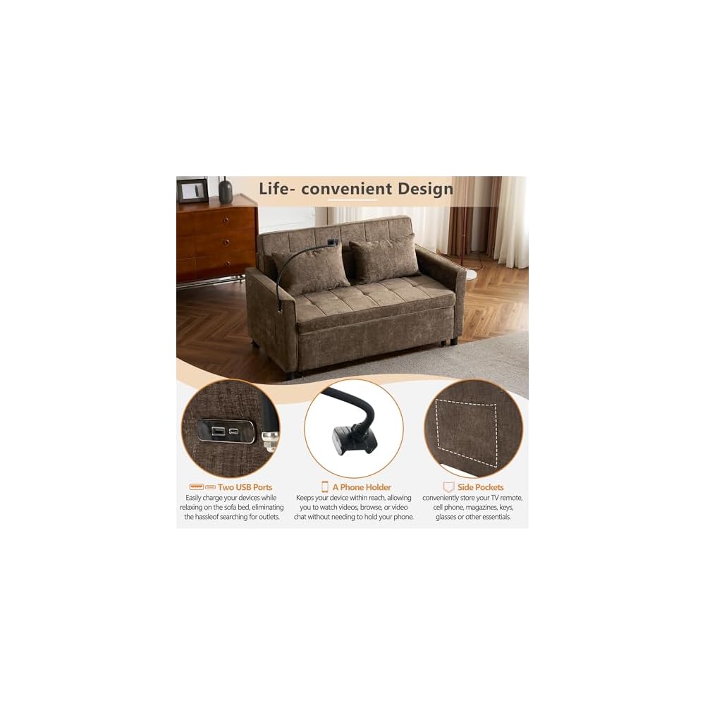 56.9" Pull Out Sofa Bed with USB Ports, 3 in 1 Convertible Sleeper Sofa Bed with Adjustable Backrest & Phone Holder, Chenille Loveseat Pullout Futon Couch for Living Room, Bedroom,RV (Brown)