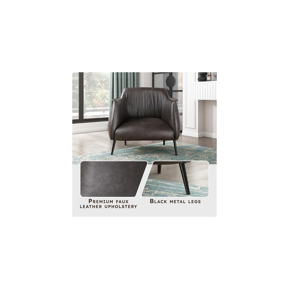 Lexicon Single Sofa Chair for Living Room Accent Chair, Faux Leather Chair with Sturdy Metal Legs, Upholstered Armchair Comfy Chair for Bedroom/Office/Waiting Room, Brown