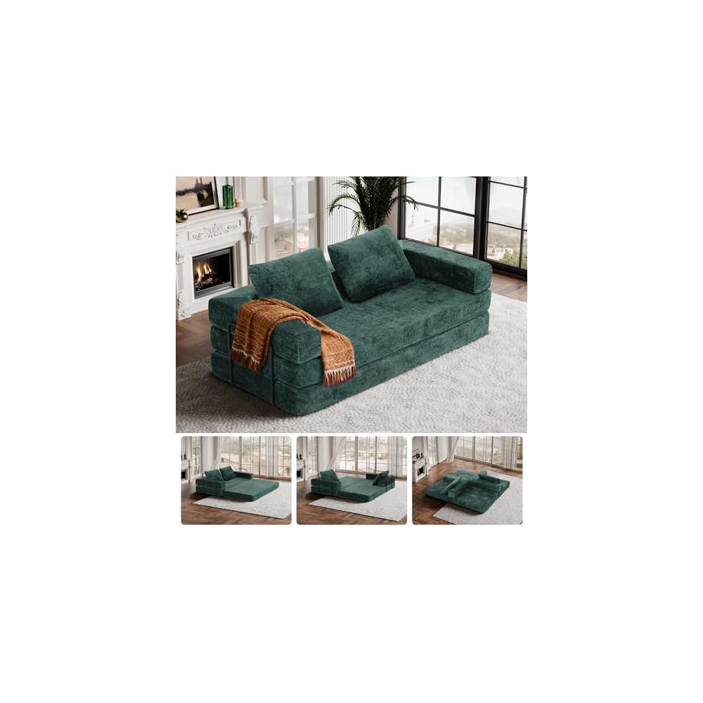 Convertible Sofa Bed, 4-in-1 DIY Combination Modular Couch with Pillows, Comfy Boneless Sleeper Sofa Bed with Fixed-Shape Frame, Chenille Convertible Lounge Couch for Living Room, Green