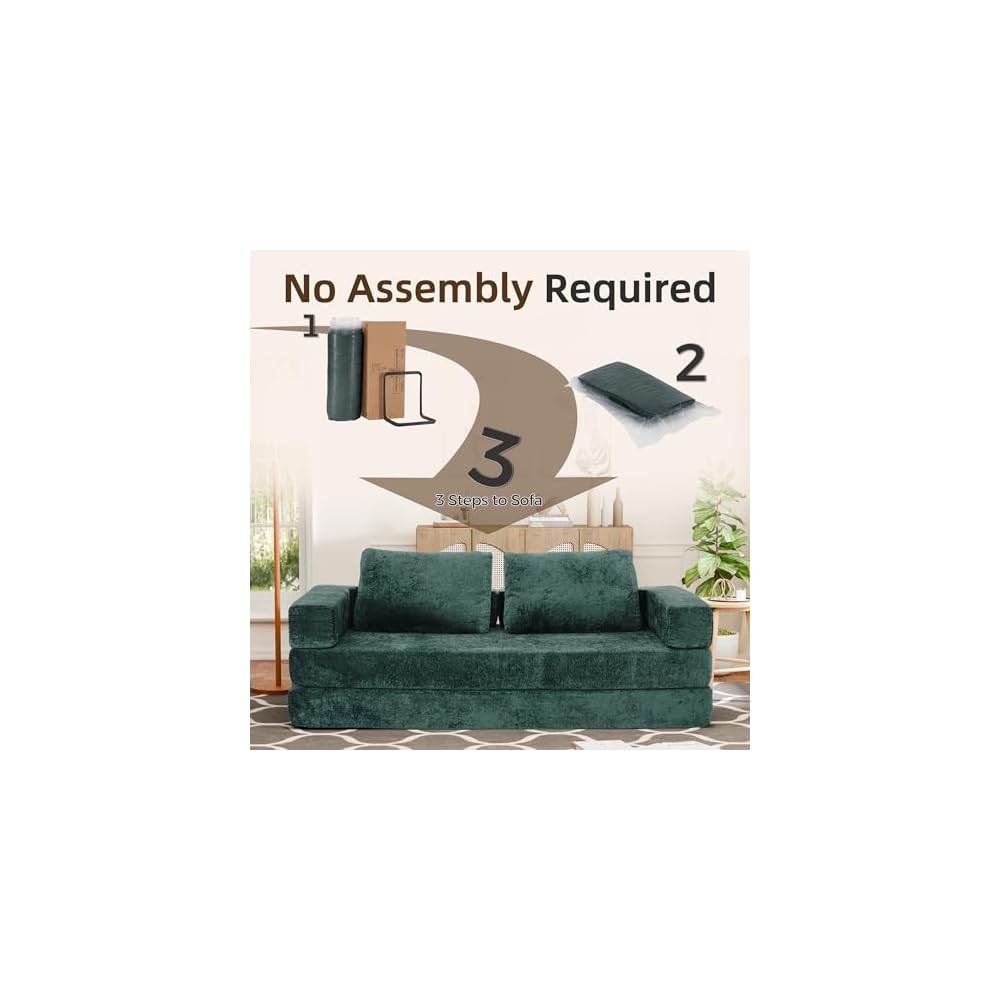 Convertible Sofa Bed, 4-in-1 DIY Combination Modular Couch with Pillows, Comfy Boneless Sleeper Sofa Bed with Fixed-Shape Frame, Chenille Convertible Lounge Couch for Living Room, Green