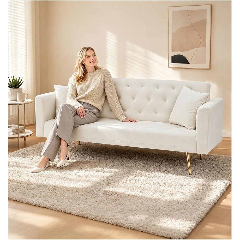71" Velvet Sofa Bed, Convertible Sleeper Couch with Adjustable Backrest