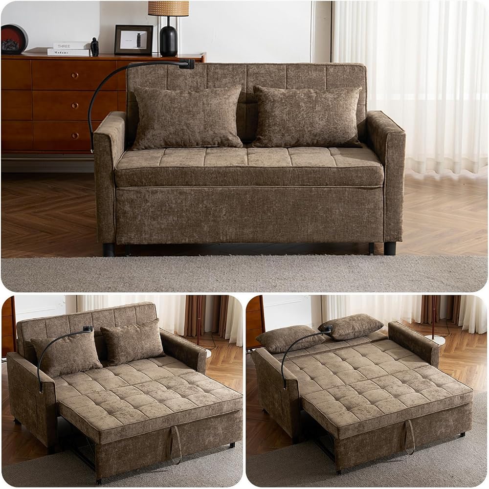 56.9" Pull Out Sofa Bed with USB Ports, 3 in 1 Convertible Sleeper Sofa Bed with Adjustable Backrest & Phone Holder, Chenille Loveseat Pullout Futon Couch for Living Room, Bedroom,RV (Brown)