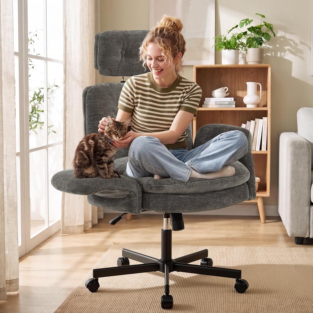FiveWillowise Cross Legged Office Chair with Flip-up Arms&Hight Back,Grey