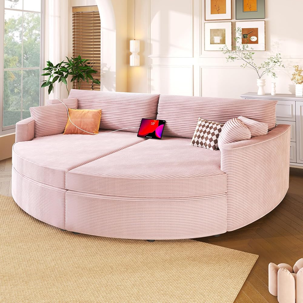 Merax 102.3" Oversized Double Chaise Lounge Indoor, Comfy Corduroy Upholstered Loveseat Sleeper Sofa Bed, Deep Seat Cloud Couch with USB Ports and Throw Pillows for Living Room, Pink